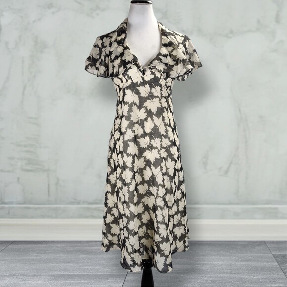 Vintage 70s Backless Halter Midi Dress Size 6 Black Leaf Print Neck Drape - Picture 1 of 15